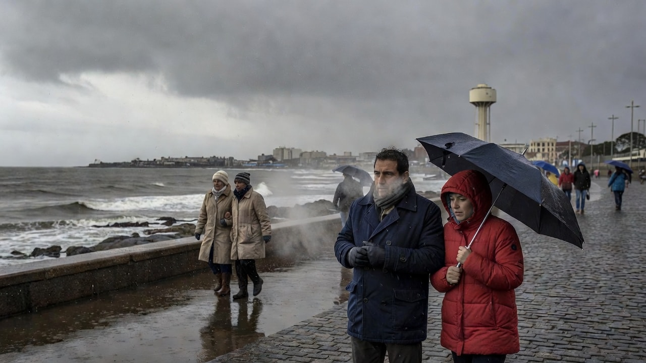Ilustración de personas con paraguas junto a la costa de Mar del Plata bajo un cielo gris