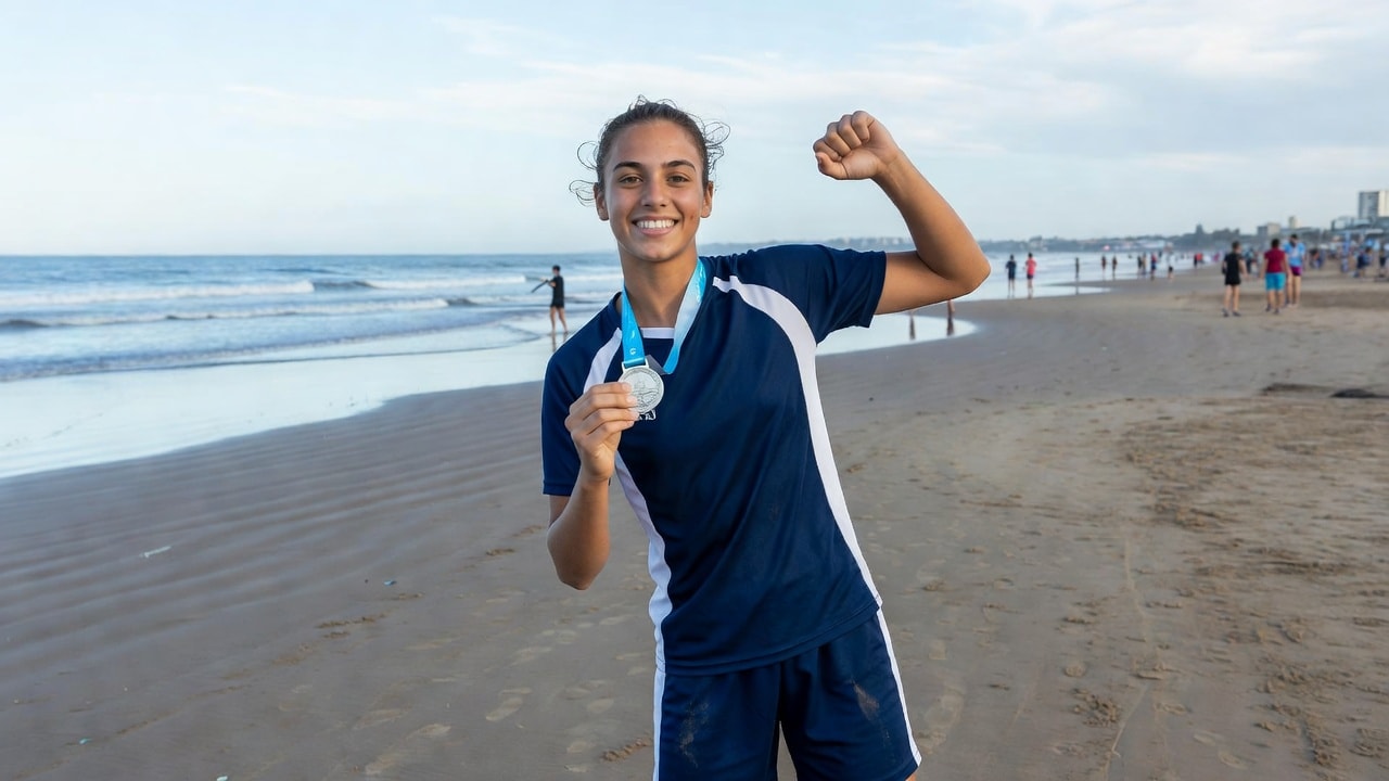 Tiene 14 años, es hija de un exarquero de Primera y una modelo y se aseguró una medalla de plata en Playa Grande