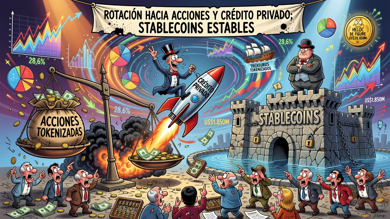 Tokenización muestra rotación hacia acciones y crédito privado mientras stablecoins se mantienen estables