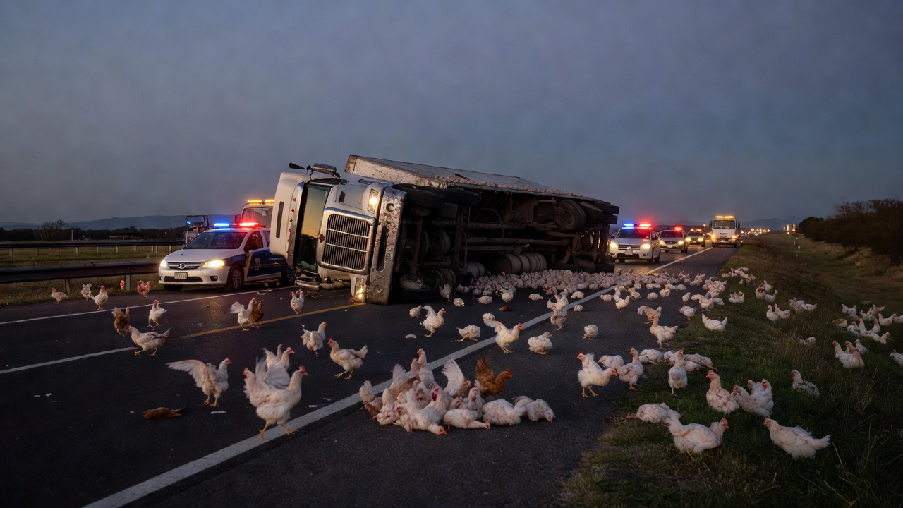Volcó un camión que transportaba pollos en la Autovía 2 en sentido a Mar del Plata