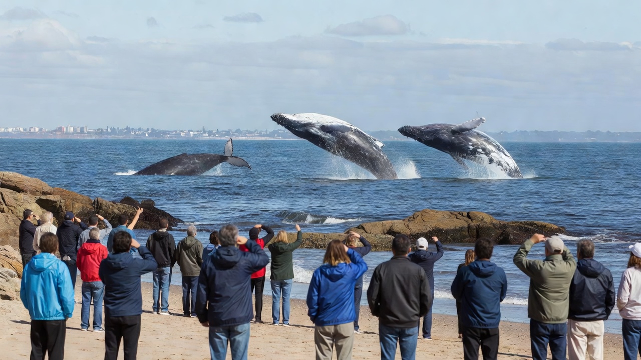 Las ballenas brindaron un espectáculo en la playa Luna Azul