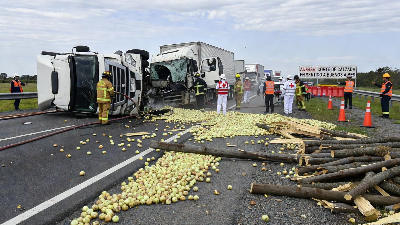 Tremendo choque en la Ruta 2: un camión quedó volcado y otro terminó destrozado